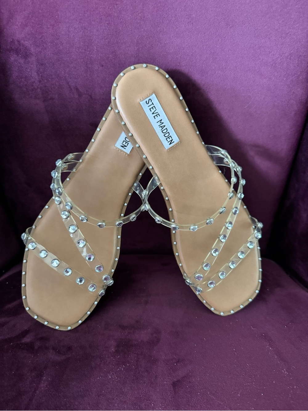 Steve Madden Clear Gem-Embellished Strappy Slide Sandal in Nude/Tan